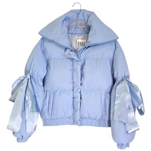 TCEC Women's Powder Blue Puffer Jacket Bow Tie Sleeves Snap Zip Front Size S NWT